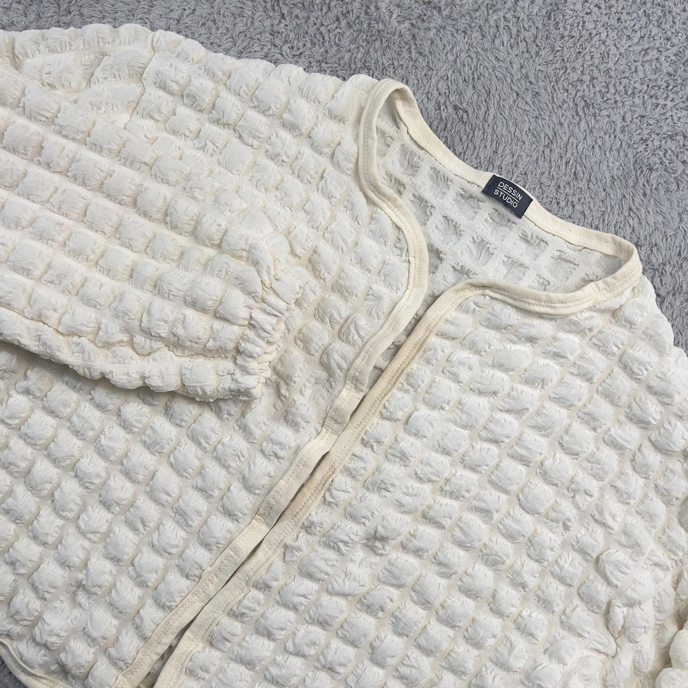 Dessin Studio Cardigan 3D Popcorn Bubble Knit Womens S/M Ivory White Open Waffle